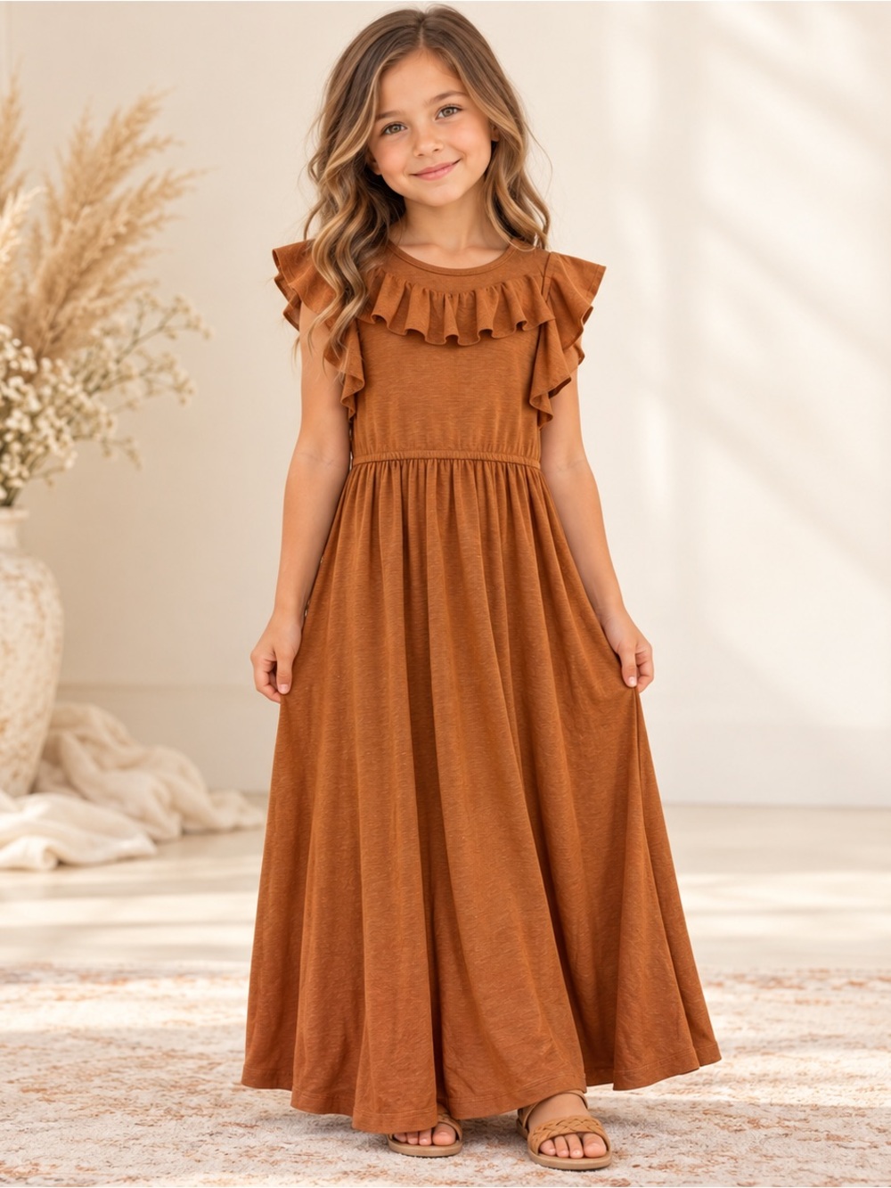 Mia Joy Joyfolie Girls Size 8 Rust Brown Ruffle Hi-Low Maxi Dress
